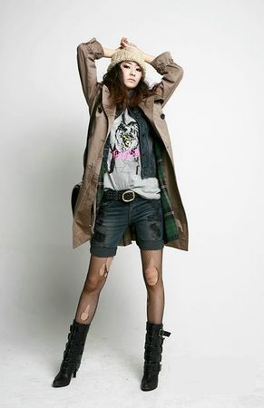 Coat, denim skirt, denim shorts, mix and match, new ways of using denim girls, belt