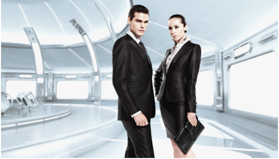 Davos official press team all dressed in George white fashionable business attire